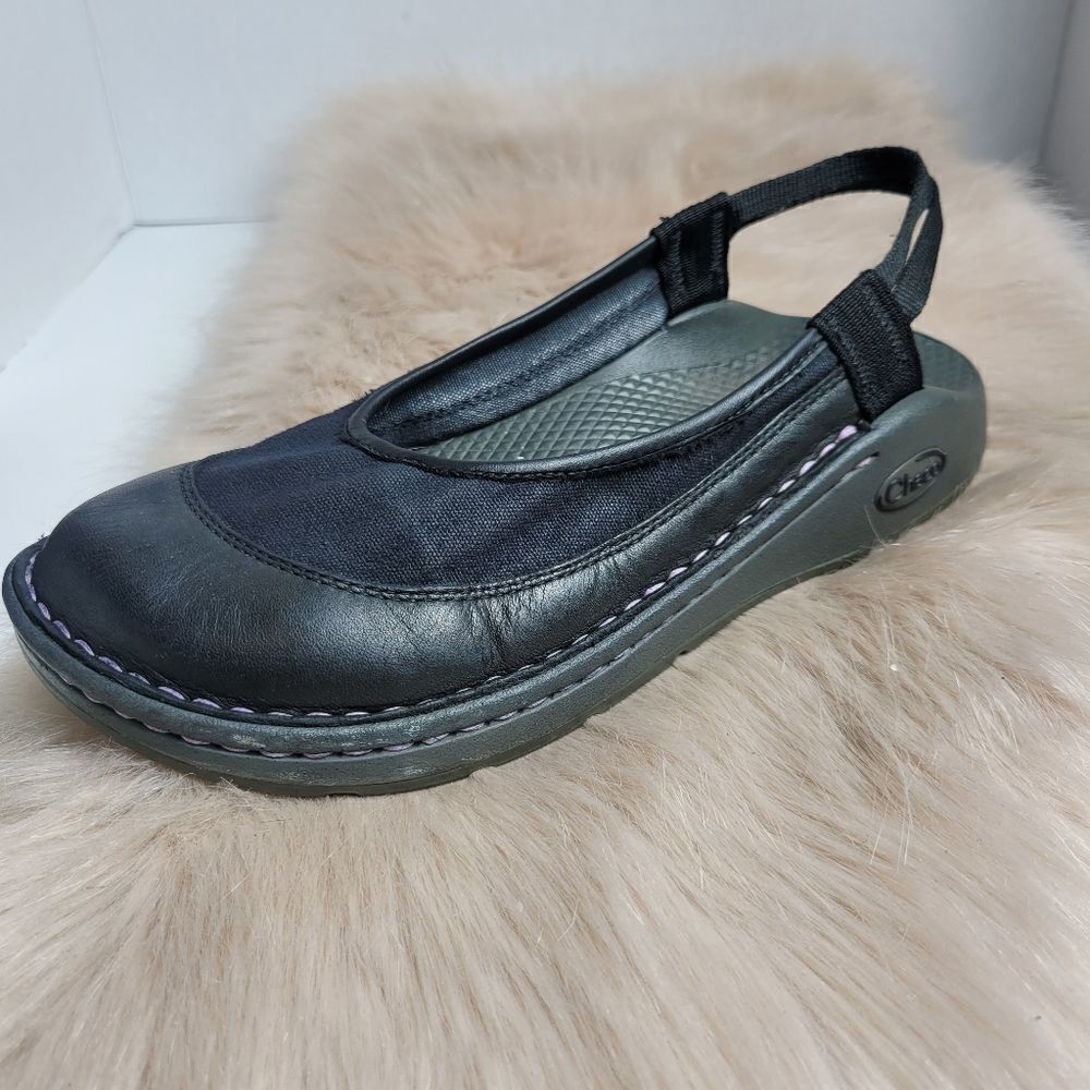 Chaco Devotee Womens Black Leather Canvas Slingback Closed Toe Sandals Shoes